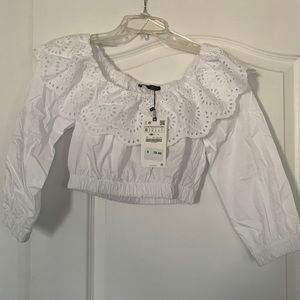 Zara white embroidered off the shoulder crop top